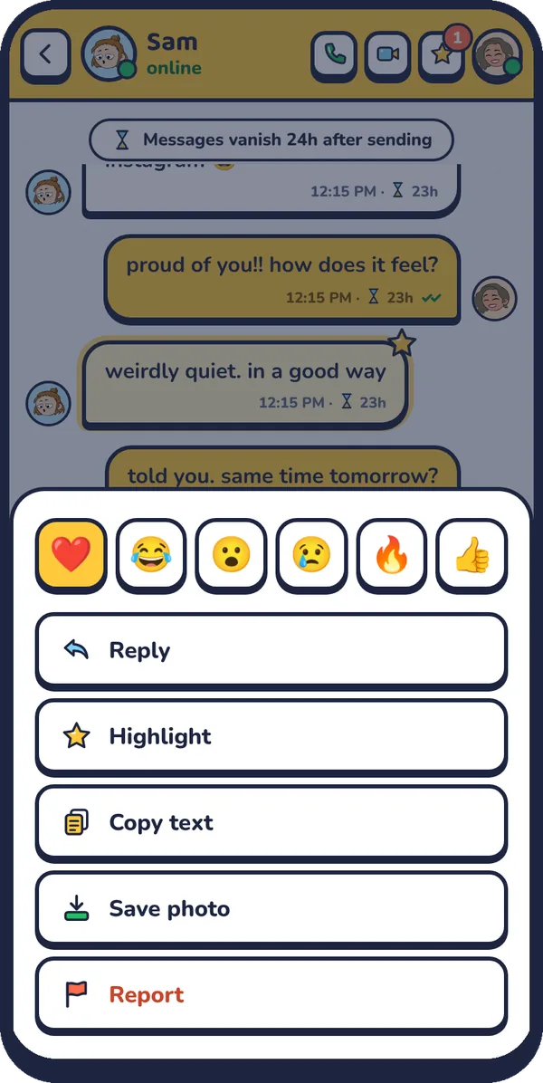 The Talklio message menu with emoji reactions and options to reply, highlight, copy, save a photo and report