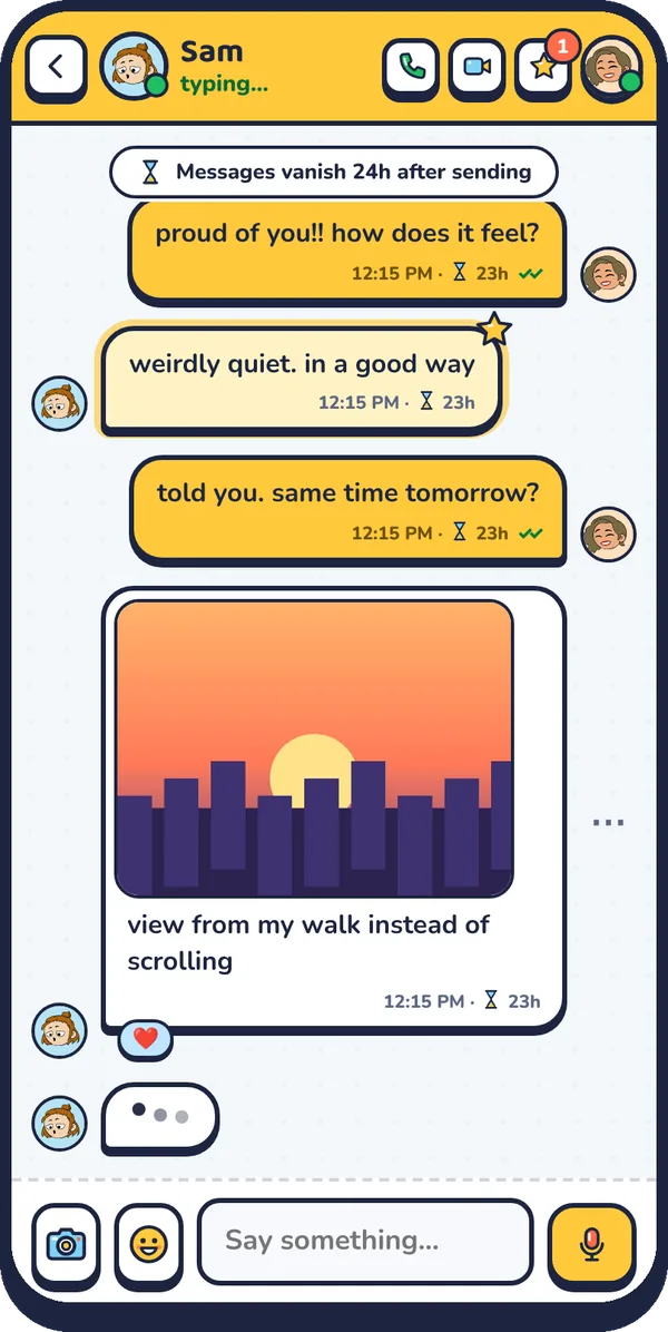 A Talklio chat with text messages, a shared sunset photo, a heart reaction and a starred highlight