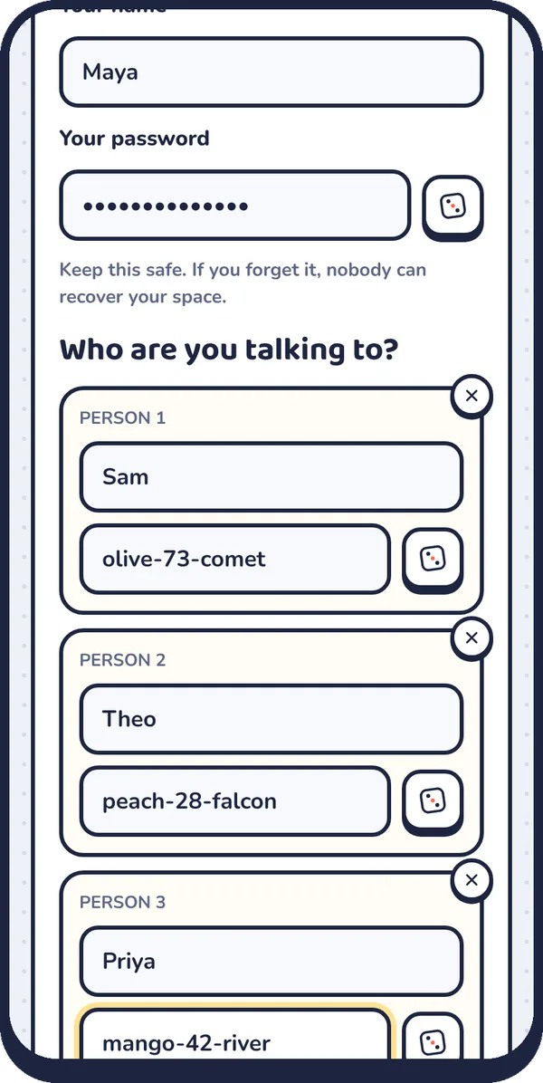 The Talklio create screen with fields for your name, your password, and up to five people with their own passwords