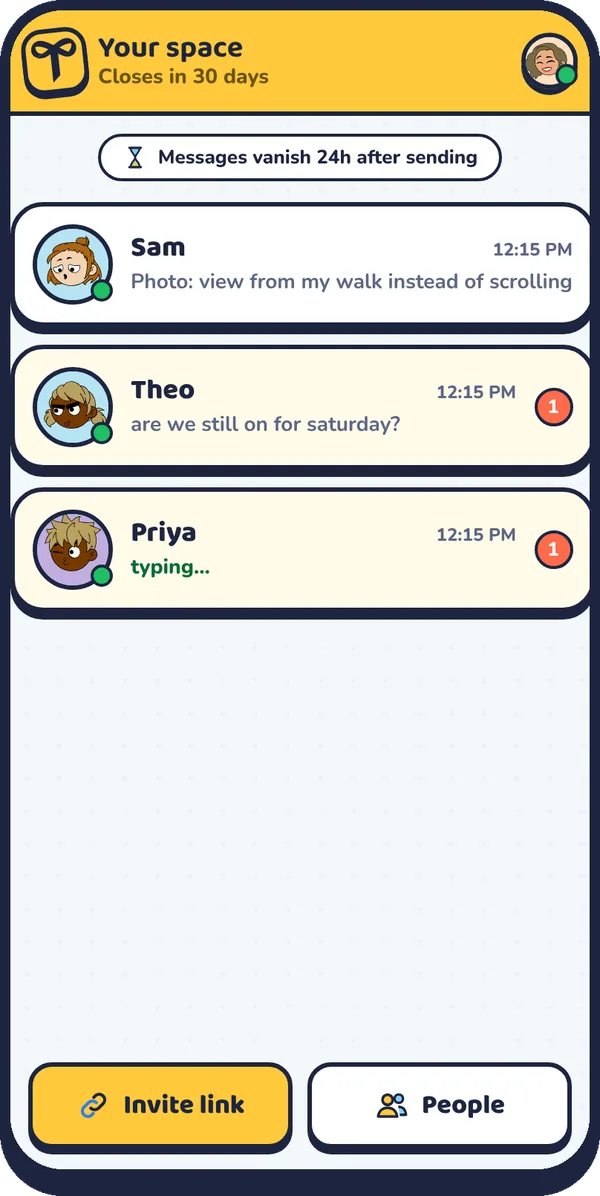 The Talklio owner inbox listing separate chats with Sam, Theo and Priya, with unread badges and a typing indicator