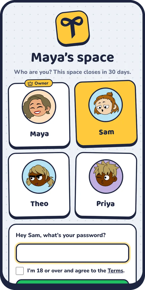 The Talklio join screen with avatar cards for each person in the space and a password box