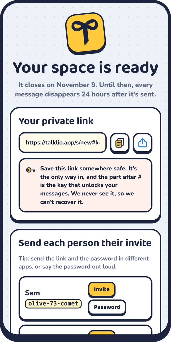 The Talklio share screen showing a private link and invite buttons for each person